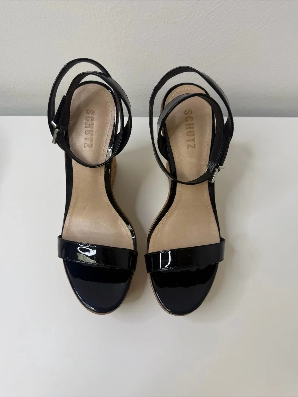 BRAND NEW SCHUTZ Black Patent Cork Platform Wedge Sandals Size 9.5